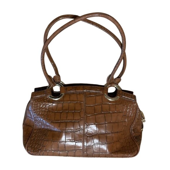 VTG Antonio Melani Purse Satchel Croc Embossed Brown Leather Green Lining 8x13 - Picture 4 of 5